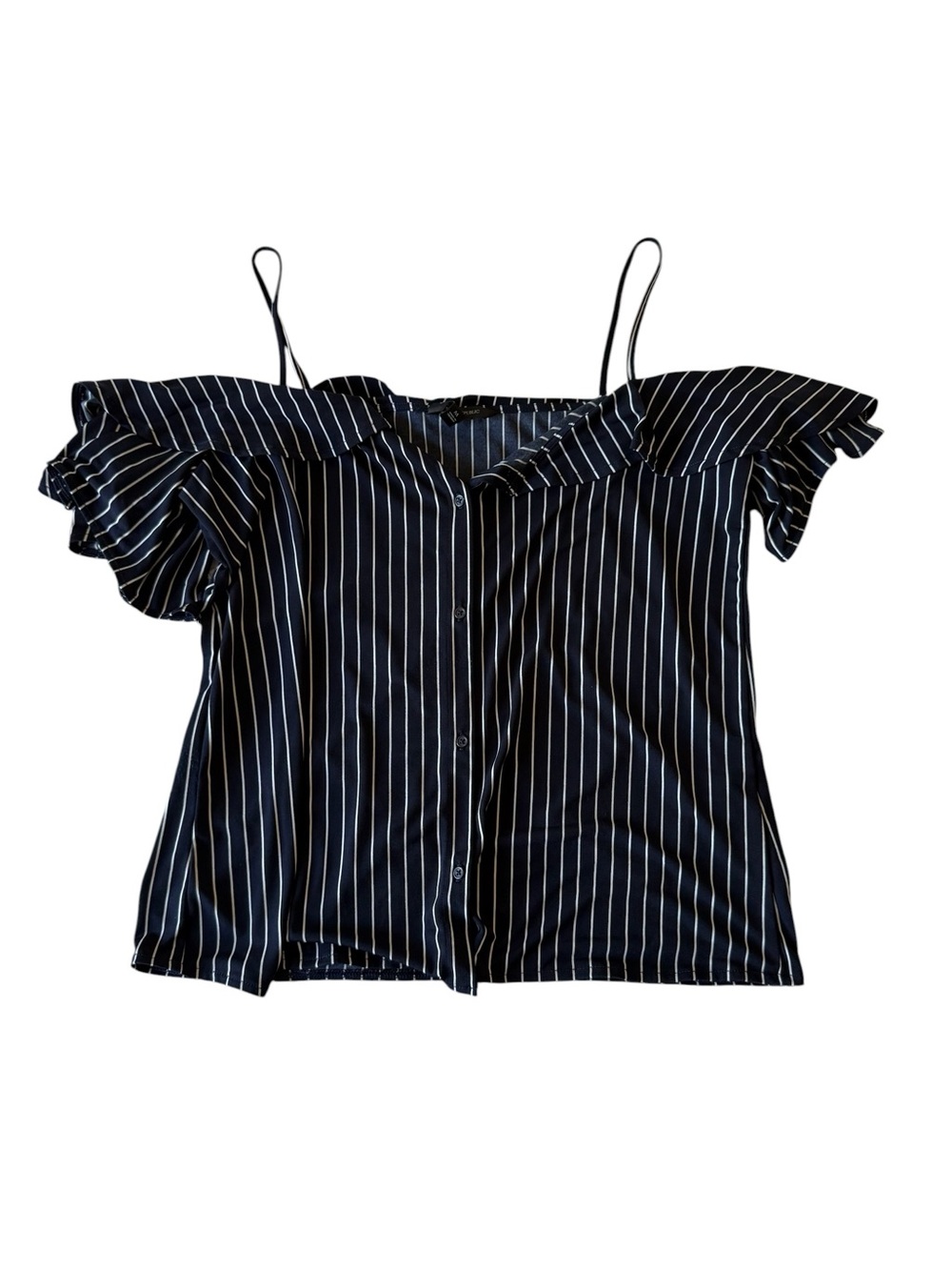 Banana Republic Navy and White Pinstripe Off-Shoulder Button Top